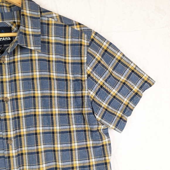 Prana Plaid Button Front Shirt Large Blue Gold - Picture 6 of 11